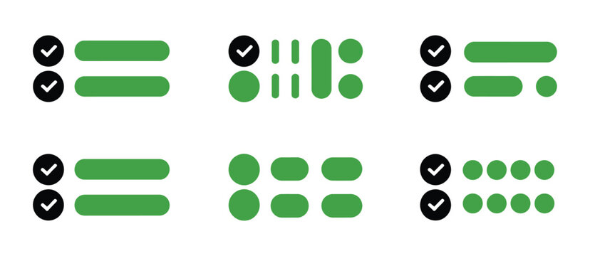 Task progress indicator icons featuring checklist marks, loading dots, progress bars, and status tracking elements for digital applications.