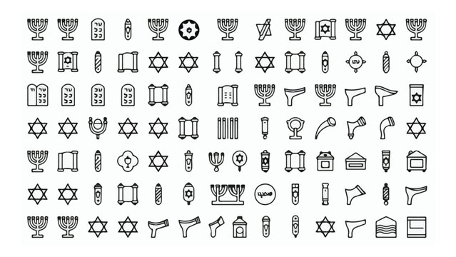 Collection of black and white menorah icons with geometric shapes symbolizing Judaic traditions for religious and cultural theme