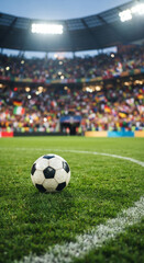 Soccer ball on a green stadium pitch with bright lights and a blurred colorful crowd behind, framed at field level during a game © intimehole