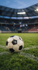 Soccer ball on a stadium field under a blue sky and arena roof, with low angle grass texture and bright open match setting © intimehole