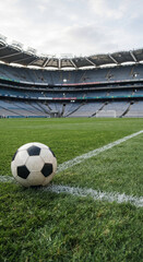 Soccer ball on a green stadium field near a white line with empty grandstands and cloudy daylight over the arena before play © intimehole