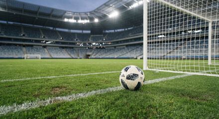 Soccer ball near a goal net on a stadium pitch with white field markings, empty seating, and bright daylight over the arena © intimehole