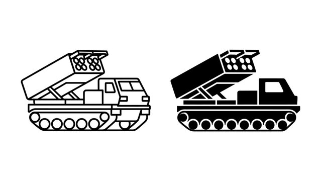Rocket Launcher Iconography: A stark black and white illustration of a rocket launcher, showcasing its powerful design with a tracked chassis and a barrage of missiles ready for deployment.