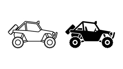 Off-road Buggy Silhouette: A graphic illustration featuring two side-view silhouettes of an off-road buggy, one in white and the other in black, highlighting its robust design and adventurous spirit. © sanjida
