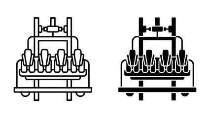 Fototapeta premium Roller Coaster Car Icon: A graphic representation of a roller coaster car, shown in both outline and solid black versions, ideal for use in theme park or amusement ride designs.