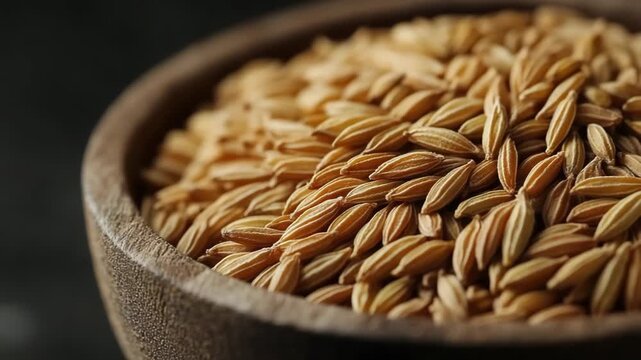 selective focus cumin seeds in rustic wooden bowl earthy brown tones