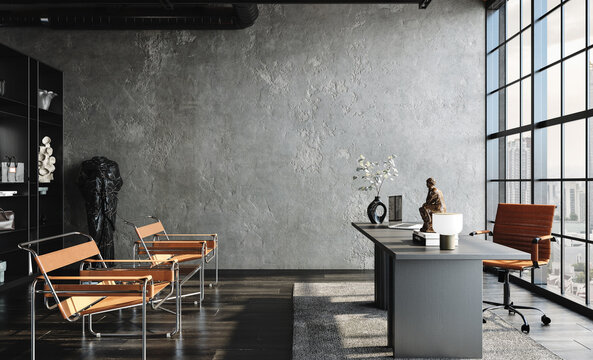 Modern office interior in loft, industrial style, 3d render