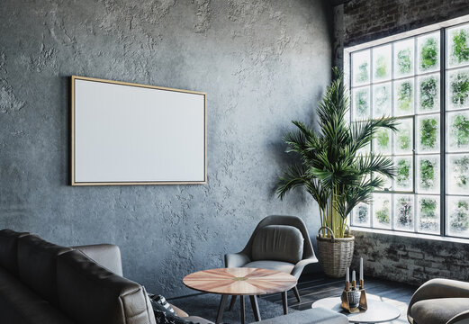 Frame mockup in living room interior, loft, industrial style, 3d render