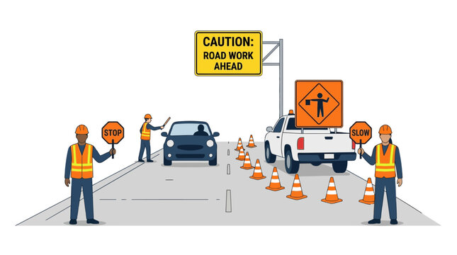 Road Construction Safety: Workers Directing Traffic with Signs and Cones