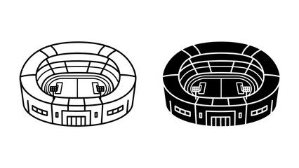 Stadium Icons: A pair of minimalist isometric icons depicts a stadium, one in outline and the other in solid black, representing sports venues and architectural structures © mahmuda