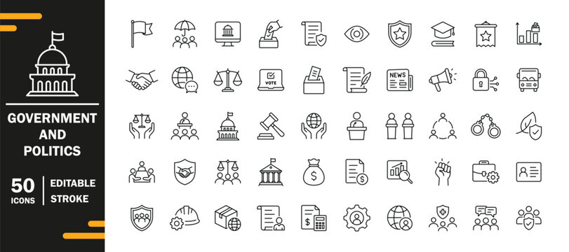Government and Politics Line Icons Set &ndash; Editable Stroke Vector Collection for Public Administration, Democracy, Elections, Policy, Governance and Civic Services