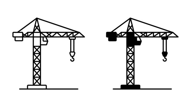 Construction Crane Icons: Two simplified graphic icons representing construction tower cranes, one outlined and one filled, symbolizing heavy machinery and industrial progress.