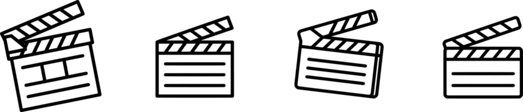 A minimalist black-and-white icon of a movie clapperboard against a stark white background