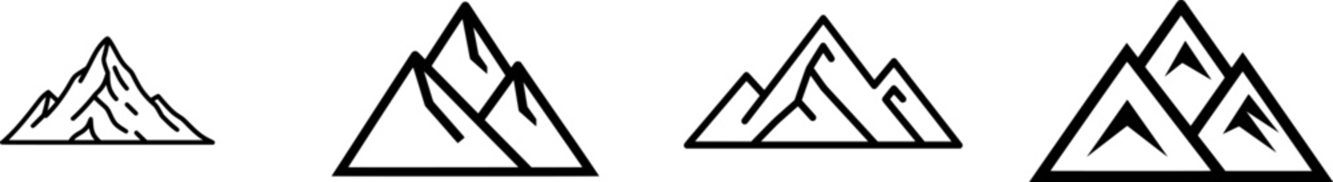 A minimalist black-and-white mountain peak icon with a sharp apex and rugged slopes stands alone against a pure white background