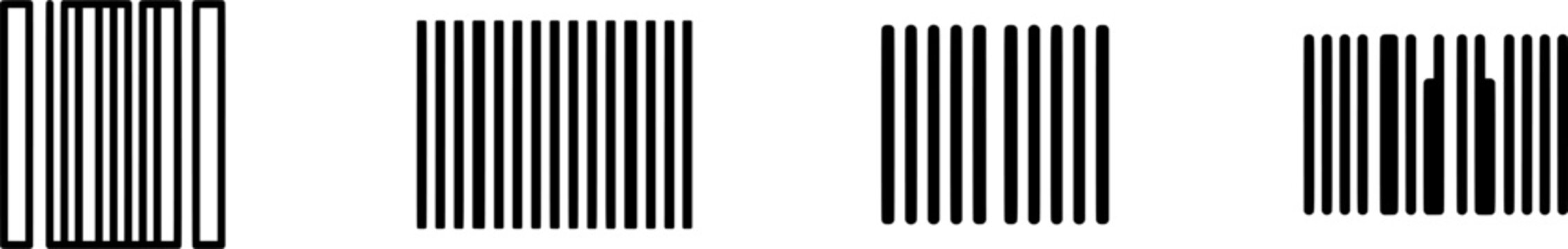 A sleek black retail barcode icon with uniform lines stands alone against a pristine white background in a minimalist flat design