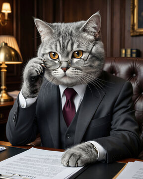 A plush silver british shorthair in a charcoal suit sits adjusting wire-rimmed glasses with steady copper eyes, showing complete business focus in warm classic office light.