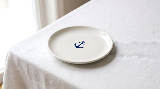 A simple white plate with a blue anchor emblem sits on a white tablecloth, suggesting a nautical theme or seaside dining