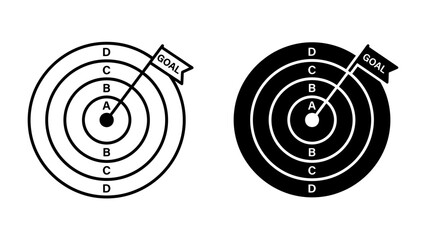 Target Symbol: Two stylized target symbols, one outlined and one black, with concentric circles labeled A, B, C, and D, and a flag marked GOAL indicating the bullseye. © BD