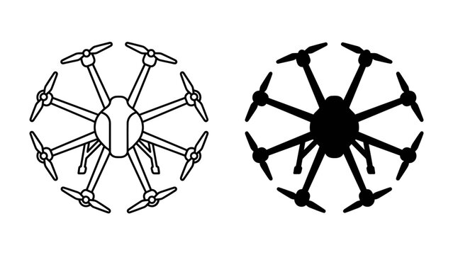 Octocopter Icon Set: A clear, minimalist representation of an octocopter drone in both outline and silhouette form, ideal for technology and aviation-themed designs.