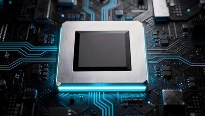 Fototapeta premium Advanced processor chip on digital motherboard with glowing circuit pathways, high performance semiconductor technology, intelligent computing system and futuristic network background