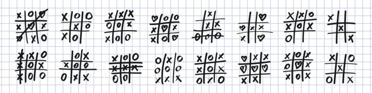 Hand drawn tic tac toe doodle set. Sketchy pencil game elements with X, O, hearts and grid lines. Playful vector board collection for classic XO game