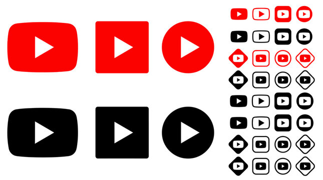A collection of YouTube play button icons in various colors and styles for web development and coding.