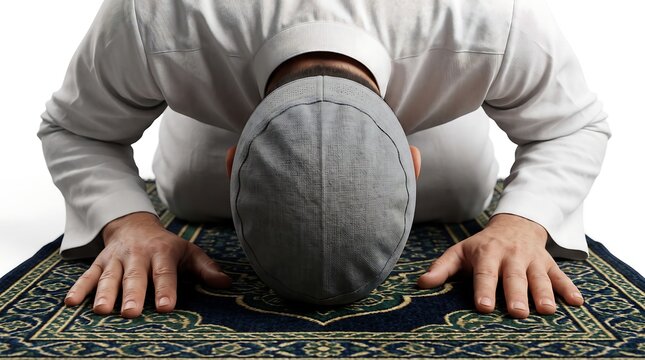 Muslim man bowing in prayer on a traditional prayer rug