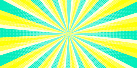 Obraz premium Psychedelic swirl backdrop with blue and yellow spiral creating vintage Y2K aesthetic. Colorful whirlpool bg. Retro radial vortex design featuring pastel colors, whimsical circus-inspired illustration