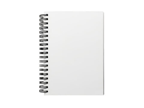 Blank white spiral notebook with black coil binding isolated on transparent background