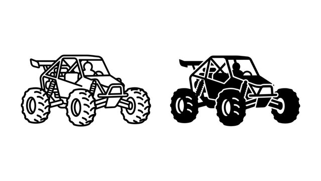 Off-Road Buggy Duo: A stylized depiction of two off-road buggies, one in outline and the other in silhouette, showcasing their rugged design and adventure-ready stance.