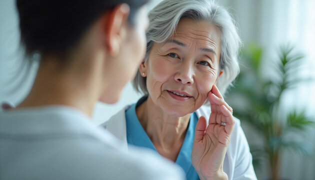 Elderly woman consulting with healthcare professional about health concerns in bright clinic, examining her face while discussing symptoms with caregiver.