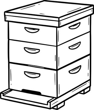 Wooden beehive box hand drawn black and white line art illustration