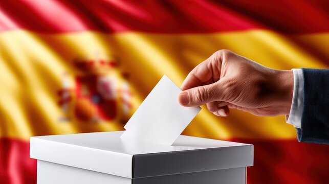 Voting in Spain: Hand Placing Ballot Into Urn with Flag Background