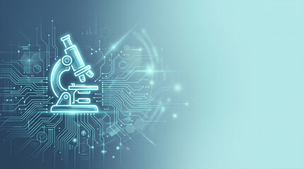 Fototapeta premium Glowing microscope on futuristic circuit board representing scientific discovery and technology