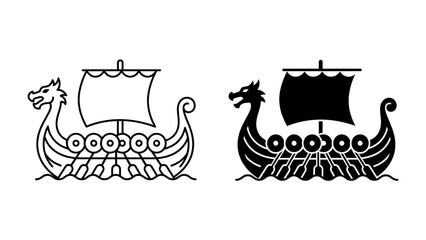 Viking Ship Icon: Two stylized representations of a Viking longship, one in outline and the other in silhouette, showcase the iconic dragon head prow, shield-lined hull, and a square sail. © maliha