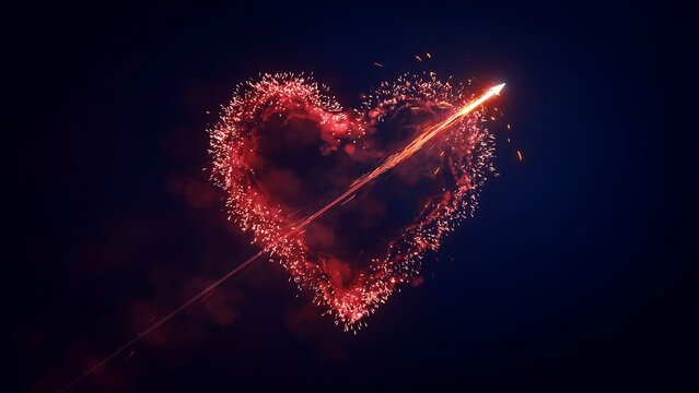 Red heart shaped firework exploding in dark night sky with sparks flying everywhere