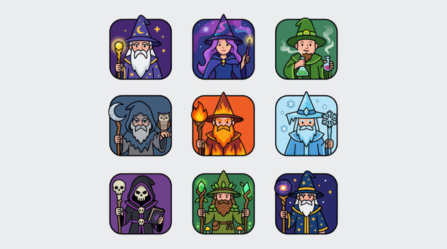 Fantasy wizard characters collection icons