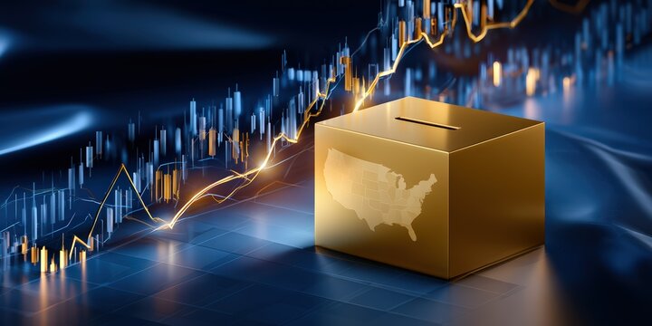 Golden Ballot Box and Glowing Stock Charts Showing Us Economic Impact