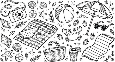 Hand drawn summer beach elements doodle vector illustration set isolated on white background with cute vacation theme icons © MDMAHABUB