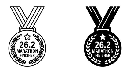 Marathon Finisher Medals: Two striking medals for marathon finishers, one rendered in a classic outline and the other in a bold silhouette, both featuring a star, laurel wreath, and 26. © Hasina
