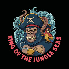 Obraz premium This striking illustration depicts a fierce gorilla dressed as a pirate, complete with a parrot and waves, capturing the adventurous spirit of the high seas with a unique twist.