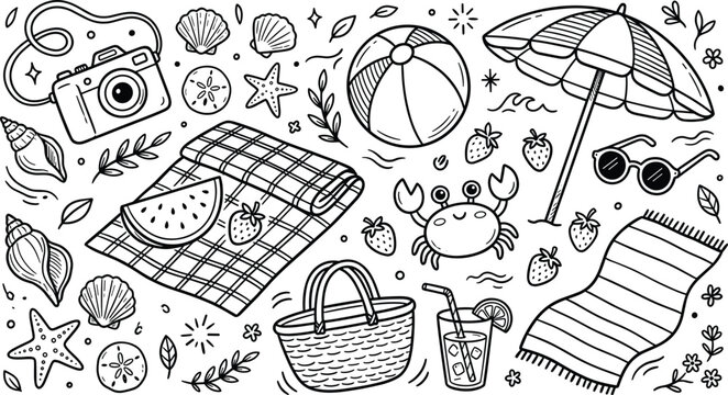 Hand drawn summer beach elements doodle vector illustration set isolated on white background with cute vacation theme icons