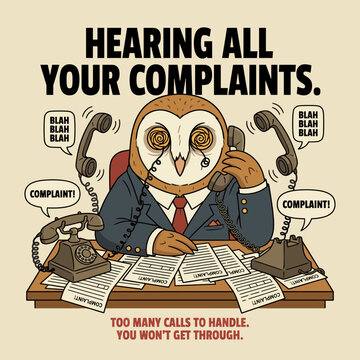 A comical illustration of an owl dressed in a suit handling multiple complaints, satirizing customer service and the many challenges faced in client communication.