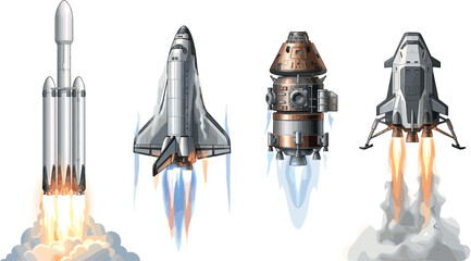 Spacecraft and Rocket Launch Vector Set with Space Shuttle Capsule and Lunar Lander Modules for Aerospace Mission and Sci-Fi Gaming Illustrations © Donal! 