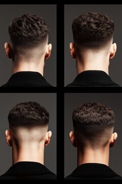 4 images collage of burst fade haircut for men from behind