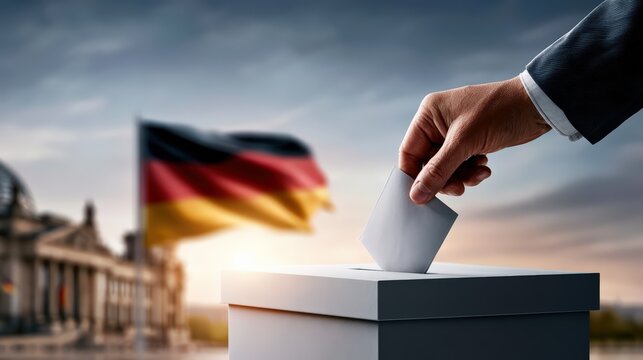Hand Casting Vote in Ballot Box with German Flag and Reichstag