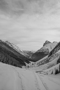 Black and white alpine valley with ski tracks in deep snow and dramatic mountain peaks, British Columbia, Canada