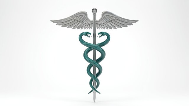 Shiny metallic caduceus symbol featuring two green snakes and silver wings