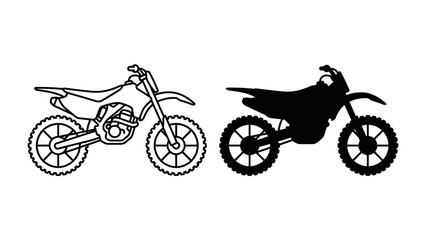 Motocross Bike Outline and Silhouette: A graphic representation showing the distinct outline and solid silhouette of a motocross dirt bike, symbolizing speed, adventure, and off-road capability. © Hasina