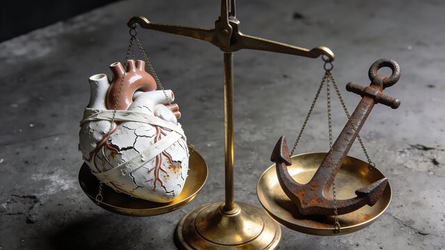 Anatomical Heart and Rusty Anchor on Balance Scale